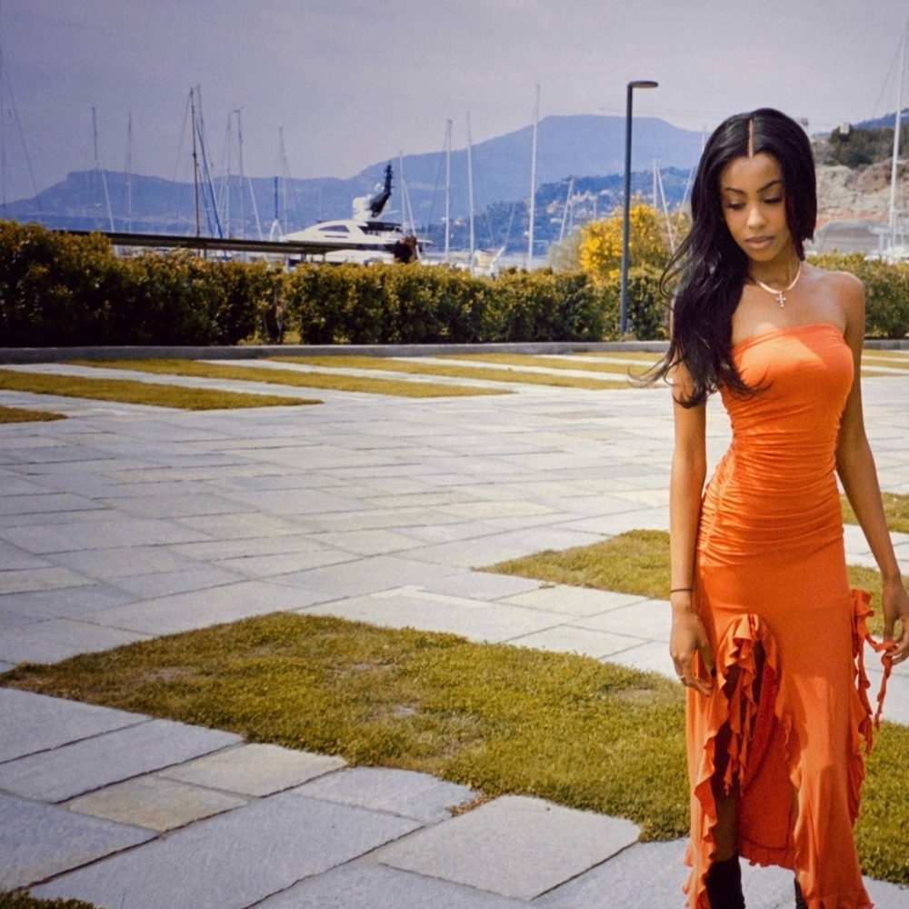 Bershka Strapless Orange Ruffled Maxi Dress